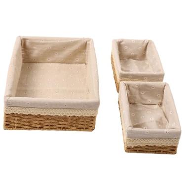 Imagem de Cesta de Armazenamento de Palha, Caixa de Armazenamento Retangular Tecida à Mão Com Alças de Madeira, Conjunto de 3 Cestas de Corda de Grama Enrolada