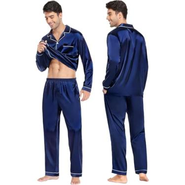 Imagem de Pijama Masculino Americano Cetim de Seda com Elastano Bolso botão Manga Longa e Calça (BR, Alfa, P, Regular, Regular, Azul Marinho)