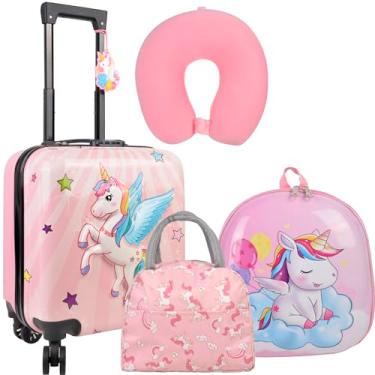 Imagem de Conjunto de mala de viagem infantil unicórnio – Conjunto de 5 peças de bagagem de mão vertical infantil com rodas, capa dura de unicórnio, mochila, travesseiro, lancheira, etiqueta de bagagem, rígida,