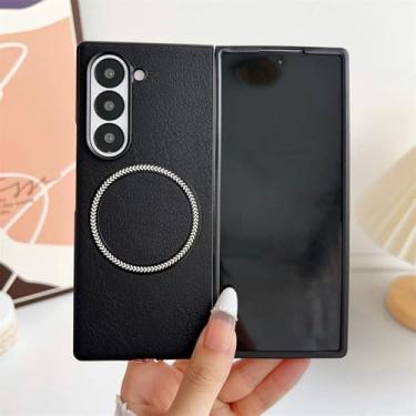 Imagem de Capa de telefone magnética com padrão de couro fosco para Samsung Z Fold 5 ZFold 6 4 capa dura para Galaxy Z Fold 6 5 4 3 Shell, preta, para Galaxy Z Fold 5