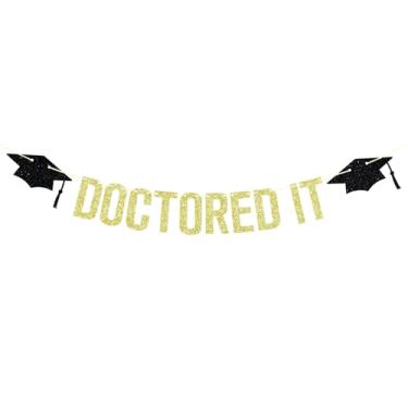 Imagem de Banner Doctored It, Congrats Doctor/PHD, Doutorado, It's DR Actually, Doctor PHD Decorações de festa de formatura com glitter dourado