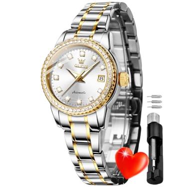 Imagem de OLEVS Relógio de pulso feminino de aço inoxidável de dois tons, automático, mecânico, dourado, luxuoso, clássico, com corda automática, 7003: branco, relógio clássico de luxo