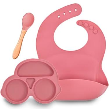 Imagem de Kit Introdução Alimentar Bebê 3 Peças: Pratinho Com Ventosa, Babador e Colher de Silicone. Livre de BPA, Atóxico e Seguro. Ideal para BLW e Desmame (Terracota)