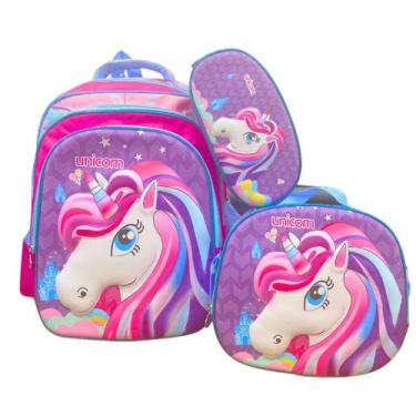 Imagem de Kit Mochila Resistente Escolar Costas Passeio Infantil Menina Unicorni