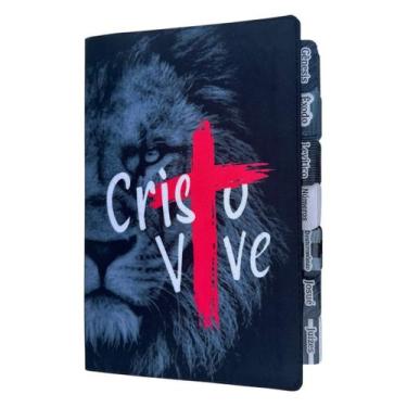 Imagem de Biblia Leão de Judá cristo vive com abas adesivas coladas ARC com harp