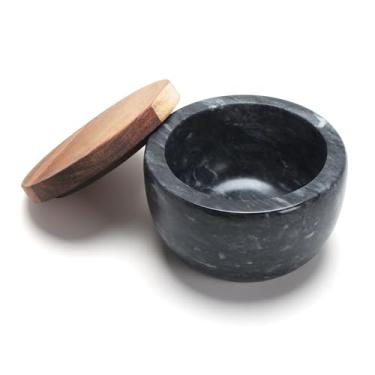 Imagem de YACEYACE Saleiro de mármore preto com tampa, adega de sal de 118 ml para cozinha, tigelas pequenas de sal e pimenta, recipiente de sal moderno preto para bancada