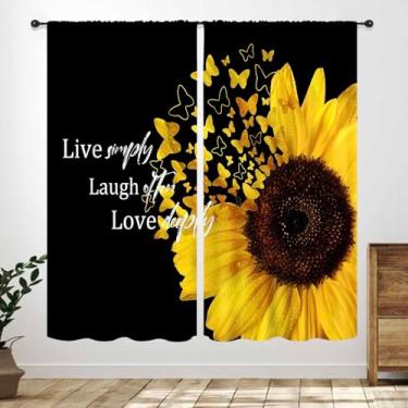 Imagem de Cortinas de girassol para cozinha, citação floral motivacional amarelo girassol menina mulheres fazenda casa de campo rural preto quarto sala de estar banheiro janela tratamentos cortina 2 painéis, 42