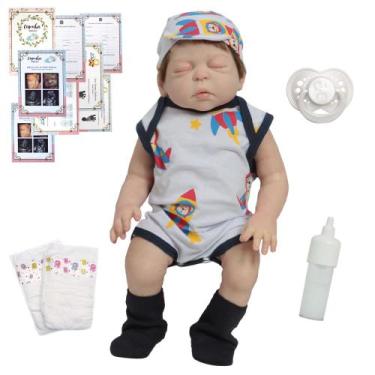 Imagem de Boneco Reborn Masculino Enxoval Aviãozinho Cabelo Fio a Fio - Cegonha 