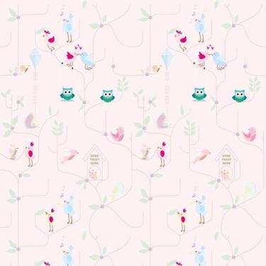 Imagem de Papel De Parede Rosa Coruja E Pássaros Adesivo Infantil Bebe - LRP