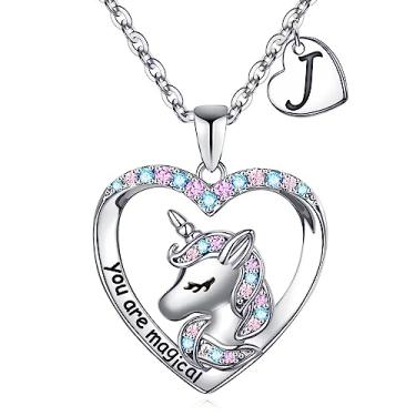 Imagem de Presentes de unicórnios para meninas, pingente de coração CZ banhado a ouro branco 14K You Are Magical Unicorn colar para meninas joias letra inicial unicórnio colares para meninas mulheres unicórnios presentes para meninas adolescentes meninas, Metal, Zircônia cúbica
