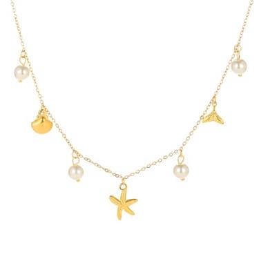 Imagem de Colar feminino com pingente de ouro 18 K, tartaruga marinha, estrela-do-mar, colar gargantilha de pérola branca, boêmio, golfinho, joia de praia de verão para mulheres, presente, 45CM, Ouro, Sem Pedra
