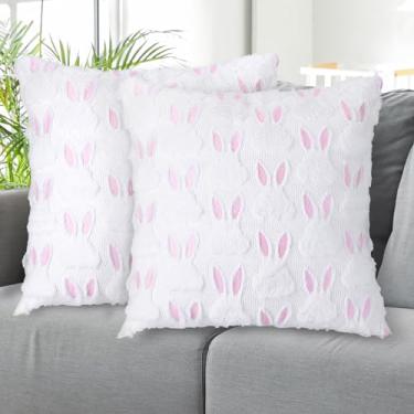 Imagem de Conjunto de 2 capas de almofada de Páscoa 45,7 x 45,7 cm – Capas de almofada de pele sintética de pelúcia macia com zíper oculto – Design de coelho branco com orelhas rosa – Decorações de primavera e