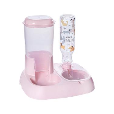 Imagem de Comedouro e Bebedouro com Garrafa de Plástico Pets 1L Rosa Plasútil