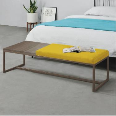 Imagem de Calçadeira Recamier Londres 140cm Industrial Marrom Suede Amarelo Tampo Quadrado mdf Nogal - Ahz Móveis
