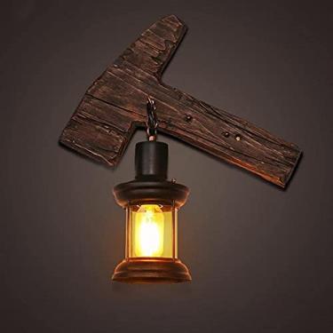 Imagem de HOSETEON Arandela criativa de madeira antiga martelo com lanterna, lâmpada de montagem de parede retrô E27, barra nt ng Dection