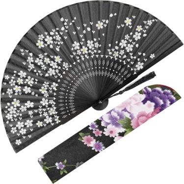 Imagem de BAICFQUK Ventoinhas de mão para mulheres, dobrável, dobrável, leque portátil, chinês, japonês, vintage, bambu, seda, leque dobrável para presente de festival de música de dança (preto-Sakura)