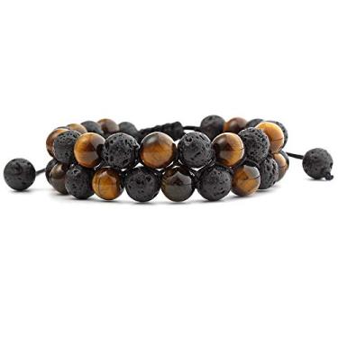 Imagem de Rockyu Pulseira masculina elegante de pedra vulcânica trançada preta pulseira de oração acessório de moda pedra vulcânica pedra vulcânica, ワンサイズ, Pedra vulcânica, pedra vulcânica