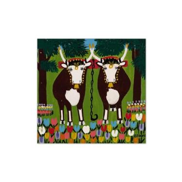 Imagem de Maud Lewis Poster-Famous Canvas Prints Reprodution-Artwork Picture Wall Art para decoração moderna de sala de estar (dois bois com flores) 80x80cm-31x31in sem moldura