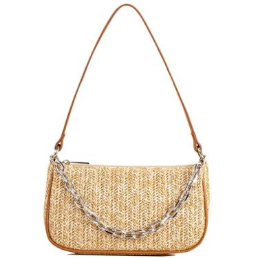 Imagem de RTGGSEL Boho Summer Retro Bolsa Feminina de Palha Rattan Praia Bolsa de Ombro Bolsa Hobo Underarm Bolsa de Palha, Corrente cáqui, 9.44" x 2.17" x 9.44"