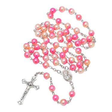 Imagem de Aoxmas Colar de rosário de pérola sintética com pingente de crucifixo, corrente longa de contas com pingente de cruz de metal banhado a prata para mulheres, Plástico, Sem Pedra Preciosa