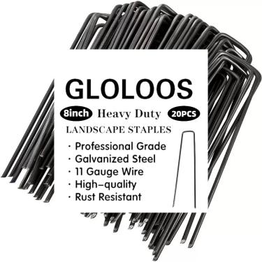 Imagem de 20 cm Pacote com 25 grampos de paisagem galvanizados pretos calibre 11 pinos de estacas de jardim antiferrugem Estacas de barraca em forma de U são usadas para barreira de ervas daninhas, tubos de