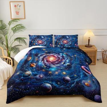 Imagem de lneffble Conjunto de edredom casal com tema de galáxia para meninos, com tema de espaço sideral, para meninos, decoração de quarto de galáxia
