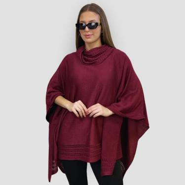 Imagem de Poncho Feminino Tricô Lã Gola Alta Quente Inverno Estilo - GIP, Bordô,
