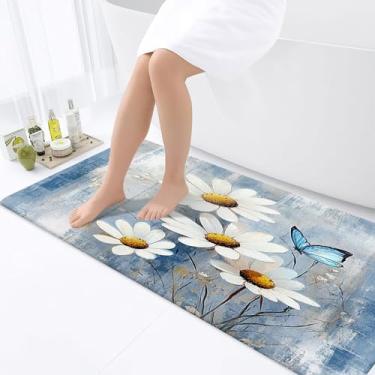 Imagem de JAWO Tapetes de banheiro florais azuis, tapetes de banheiro rústicos, estilo fazenda, margarida, borboleta no campo, tapetes de madeira para chuveiro, corredor, 43 x 73 cm, azul