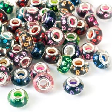 Imagem de Spritewelry Contas de furo grande 50 peças de contas europeias de resina 14 mm Rondelle espaçador solto conta de artesanato com padrão de impressão de pata de cachorro para artesanato DIY pulseira