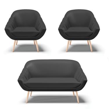 Imagem de Kit 01 Namoradeira E 02 Poltronas Corino Preto Natural