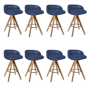 Imagem de Kit 08 Banqueta Alta Com Encosto Bali Base Giratória Madeira Linho Azul Marinho