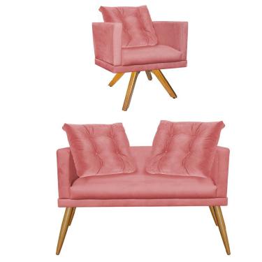 Imagem de Kit Poltrona Giratória Madeira Caramelo E Namoradeira Kim Luxo Confort C/ Almofada Suede Rosê Gold