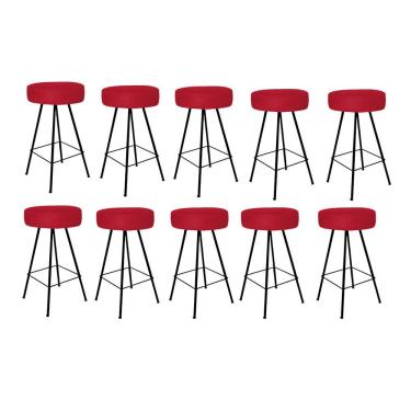 Imagem de Kit 10 Banqueta Alta Laisa Industrial Redonda Cozinha Bar Bistrô Ferro Preto Corino Vermelho