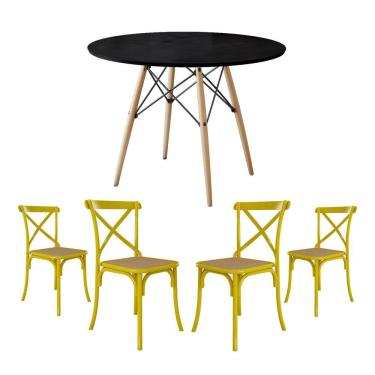 Imagem de Jogo De Mesa Eiffel Redondo Tampo De Madeira 90Cm Preto Com 4 Cadeiras Katrina Amarela...