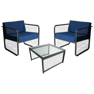 Imagem de Conjunto 2 Poltronas E Mesa Centro Fibra Sintética Santiago Preto-azul