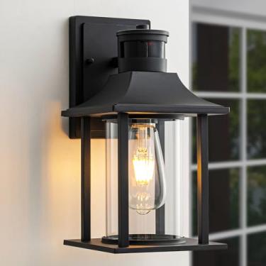 Imagem de Easyusahome Luminária De Parede Externa Com Sensor Movimento, Para Varanda Do Anoitecer Ao Amanhecer, Moderna, Lanterna Antiferrugem Fachada Casa, Arandelas Pretas Vidro D'Água.