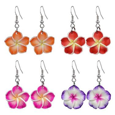 Imagem de QUPENGXU 4 pares de brincos de zircônia cúbica havaiana plumeria rubra para mulheres, boêmia, flores tropicais, luau, acessórios de joias para festa na praia, trumpet, Resina, Sem pedra preciosa