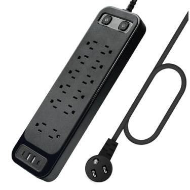 Imagem de MOUFIER Cabo De Extensão Para Régua Energia 3 Metros (3000 W, 10 A) Com 12 Tomadas E 2 Portas Usb Usb-C (5 V 3,1 A), Fusível Bold, Plugue Plano Proteção Contra Surtos Escritório Doméstico (Preto)