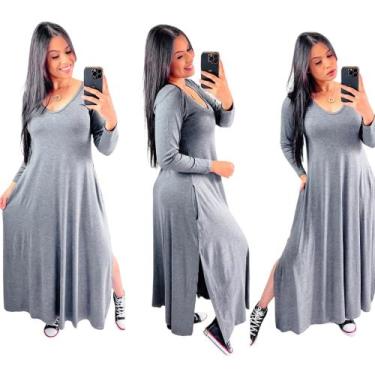Imagem de Vestido longo gola v com fenda lateral  manga longa - Neide modas, Cin