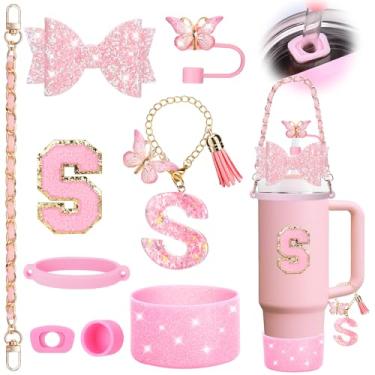 Imagem de Mity rain Conjunto De 9 Acessórios Para Copos Stanley 30 Oz E 40 Com Alça - Inclui Alça, Decoração Laço Palha, Topo Capa Protetora, Tampas Antiderramamento, Pingentes Adesivo (Iniciais P)