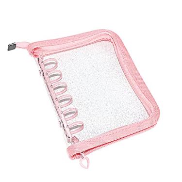 Imagem de Carteira transparente A7 com zíper, rosa com 6 anéis, fichário econômico, folha solta, zíper para sistema de envelopes de dinheiro, álbum de fotos, diário, agenda (fichário A7 com zíper rosa)