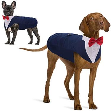 Imagem de IDOMIK Terno de smoking para cães pequenos, médios e grandes, colete formal de smoking para cães com gravata borboleta destacável, conjunto de cachecol e bandana, camisa para traje de casamento para festa de aniversário, fantasia azul-marinho