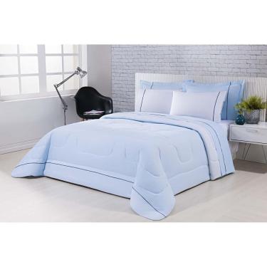 Imagem de Kit Edredom 100% Algodão Percal 150 Fios Dupla Face Solteiro Gran Moratta 2 Peças - Azul-branco