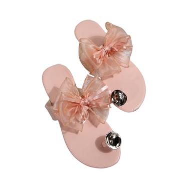 Imagem de Verdusa Sandálias femininas de tule com laço de verão, anel, sem cadarço, de couro, sandálias de flores planas, rosa, 41