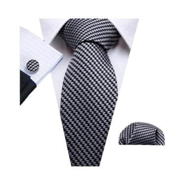 Imagem de Conjunto de Gravata e Abutões Masculinos - Seda Jacquard Preto, Branco