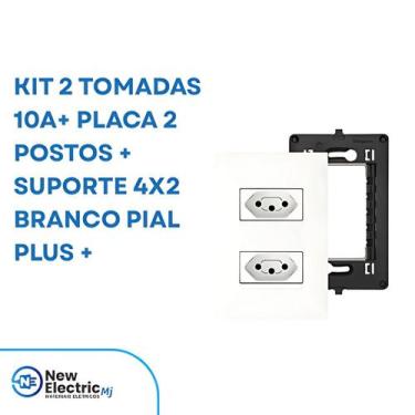 Imagem de Kit 2 tomadas 10a+ placa 2 postos + suporte 4x2 branco pial plus +