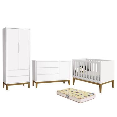 Imagem de Dormitório Infantil Classic 2 Portas, Cômoda 1 Porta, Berço com Pés Amadeirado e Colchão D18 - Reller Móveis Branco Fosco