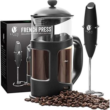 Imagem de Bean Envy Conjunto de cafeteira prensa francesa e espumador de leite com sistema de filtragem de 4 níveis | Jarra de vidro prensa de café e misturador de bebida dupla com suporte de aço inoxidável
