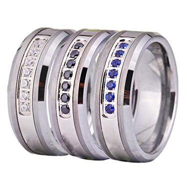 Imagem de Cloud Dancer Anel masculino 8 mm prata escovada tungstênio e safira de aço inoxidável CZ casamento, noivado, aniversário personalizado gravado a laser dentro (zircônia branca, 7), Metal, prata, aço