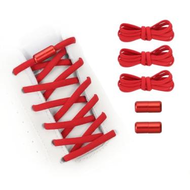Imagem de YELARXI Cadarços elásticos sem laço de substituição com 2 fivelas de metal para sapatos de lona, Vermelho, 39 inch